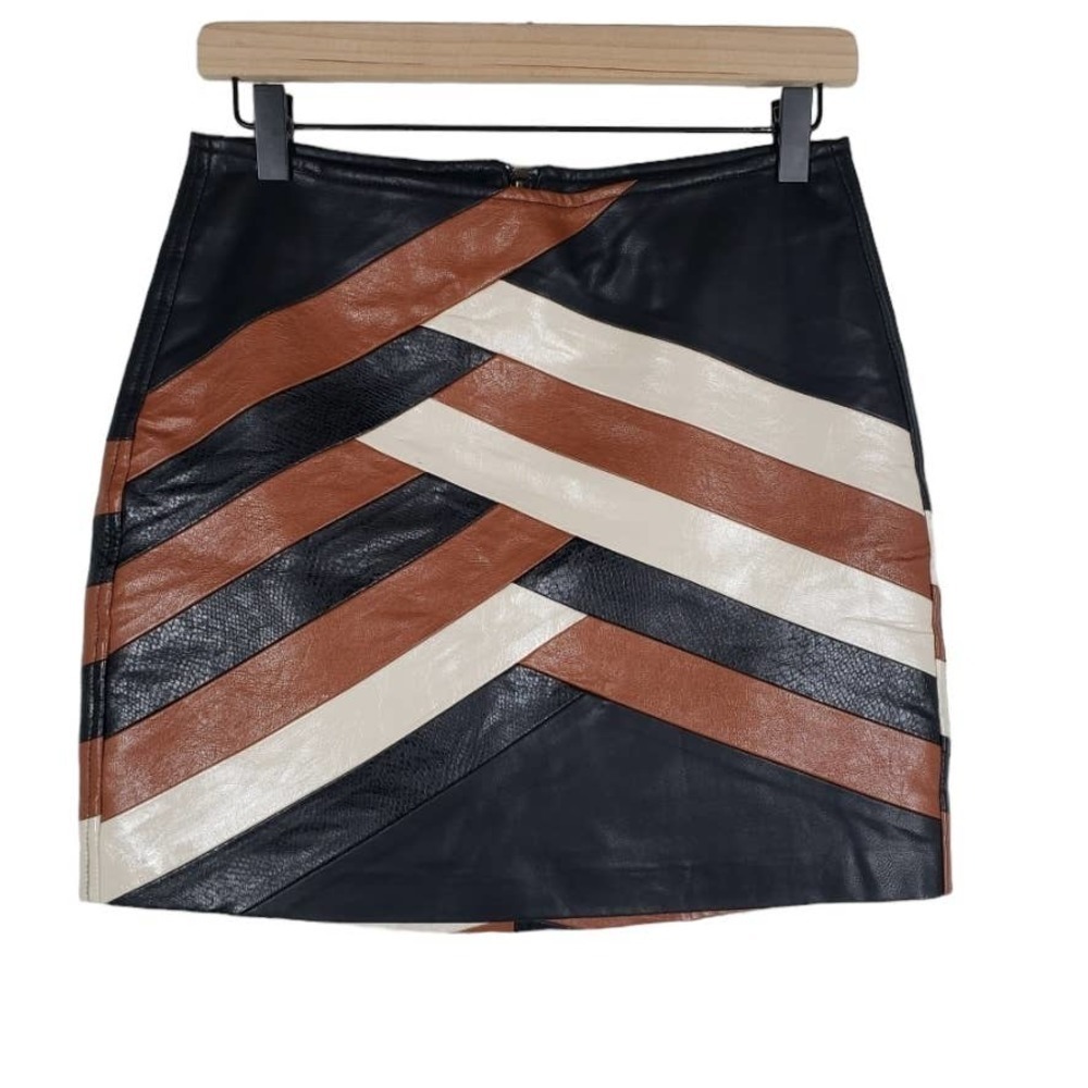 Blank NYC Faux Leather Mini‎ Skirt 26 Black Brown Ivory
